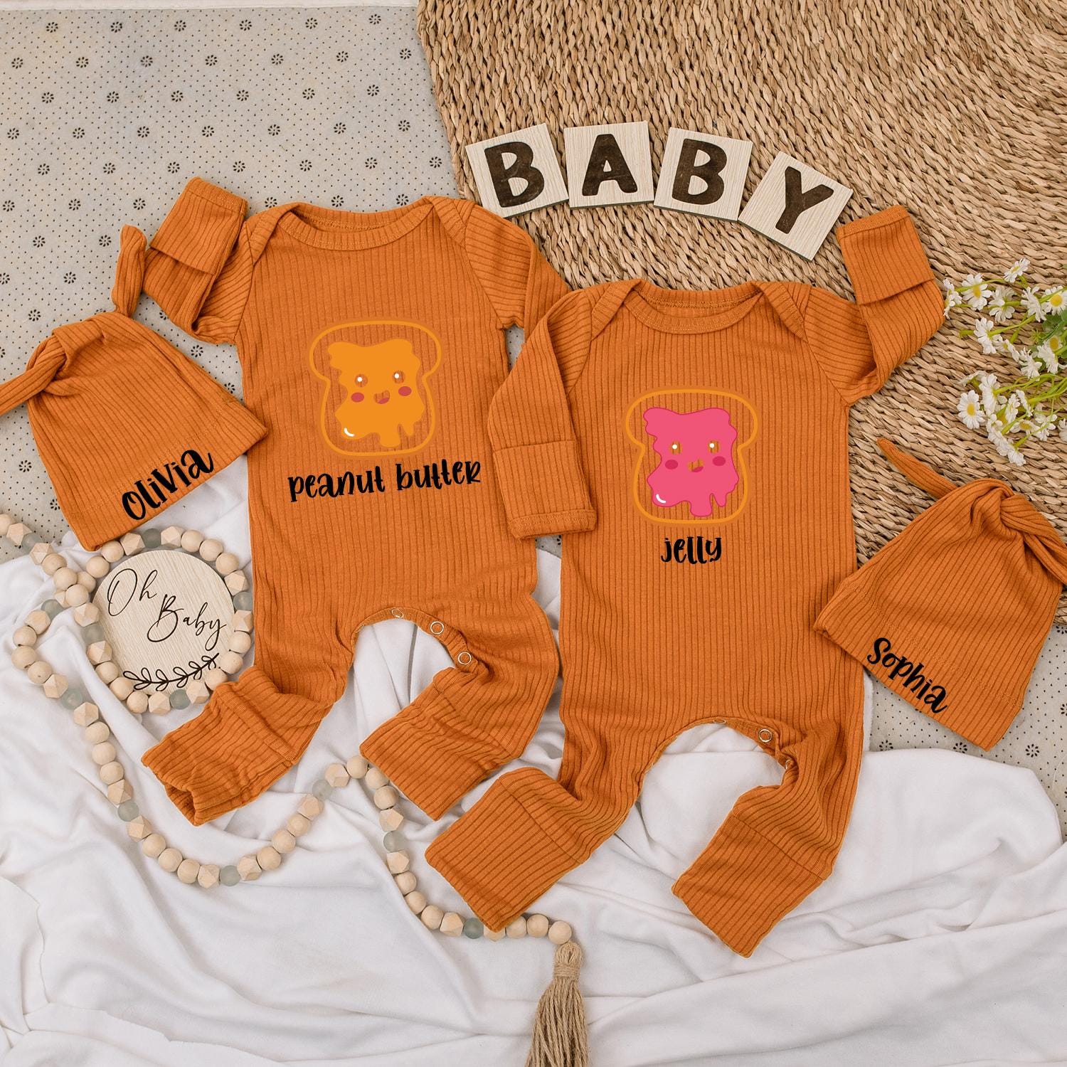 Twin Baby Bodysuit Set: Peanut Butter & Jelly Design for Twins! Cute Baby Clothes Gift Newborn Boy Girl