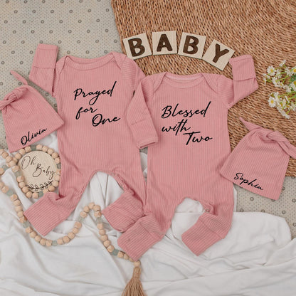Prayed for One, Blessed with Two Twin Baby Bodysuit Set with Olivia & Sophia Hats, Newborn Gift, Modern Script, Twin Girls, Twin Boys, Pregnancy 138