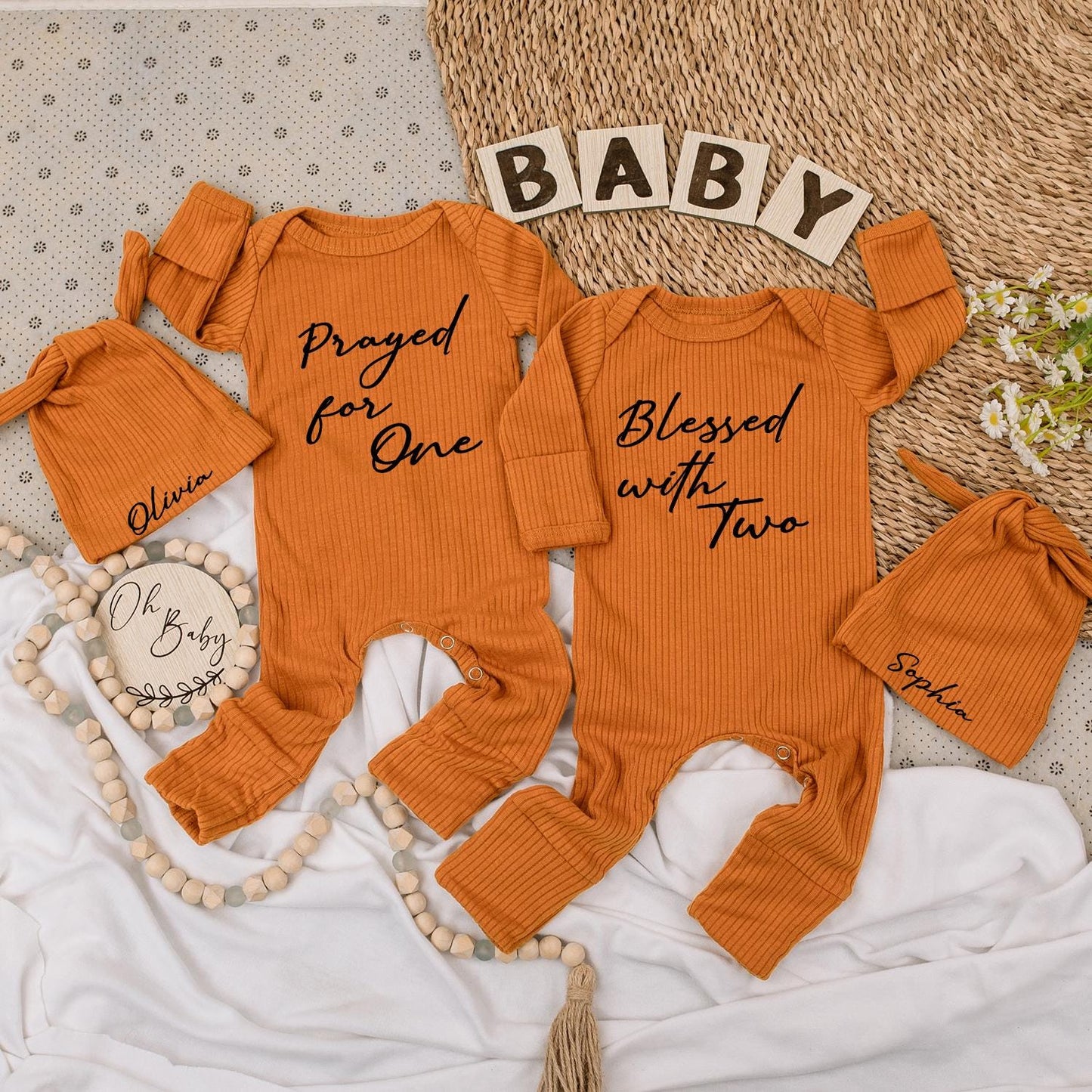 Prayed for One, Blessed with Two Twin Baby Bodysuit Set with Olivia & Sophia Hats, Newborn Gift, Modern Script, Twin Girls, Twin Boys, Pregnancy 138
