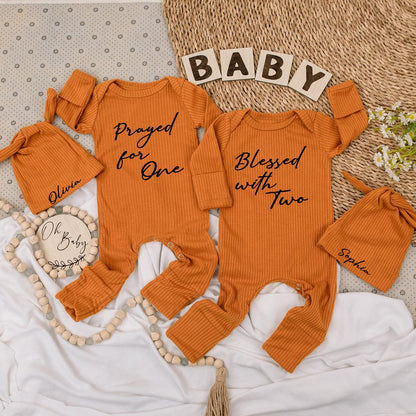 Prayed for One, Blessed with Two Twin Baby Bodysuit Set with Olivia & Sophia Hats, Newborn Gift, Modern Script, Twin Girls, Twin Boys, Pregnancy 138
