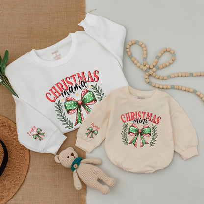 Matching Christmas Mama Mini Sweatshirt Set with Wreath, Gold Stars - Mommy and Me Outfits, Baby Bodysuit, Family Holiday Sweaters, 1st Christmas