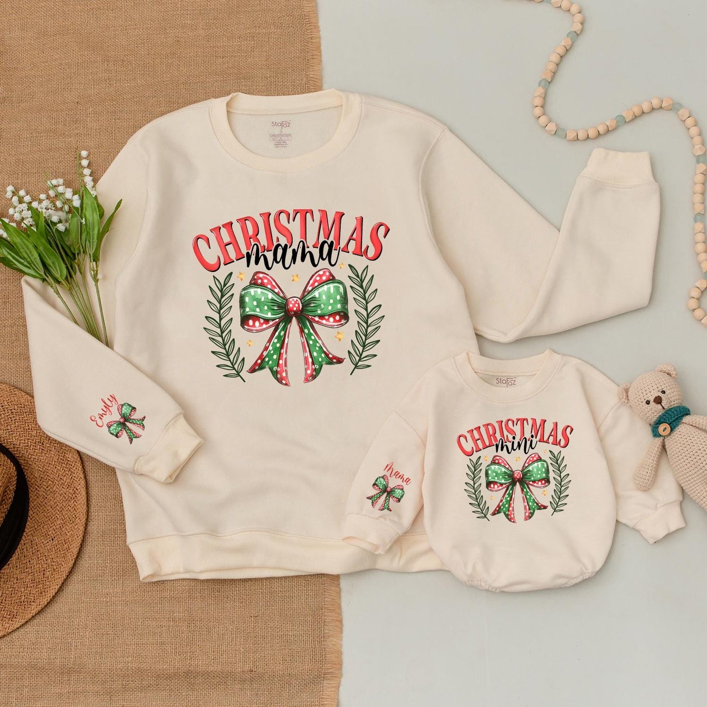 Matching Christmas Mama Mini Sweatshirt Set with Wreath, Gold Stars - Mommy and Me Outfits, Baby Bodysuit, Family Holiday Sweaters, 1st Christmas