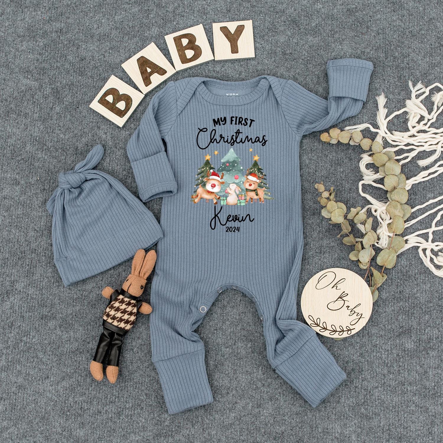 Personalized My First Christmas Bodysuit Kevin 2024, Newborn Outfit & Hat Set, Cute Reindeer Baby Jumpsuit, Holiday Baby Shower Gift, Coming Home Outfit 2024 (138 chars)