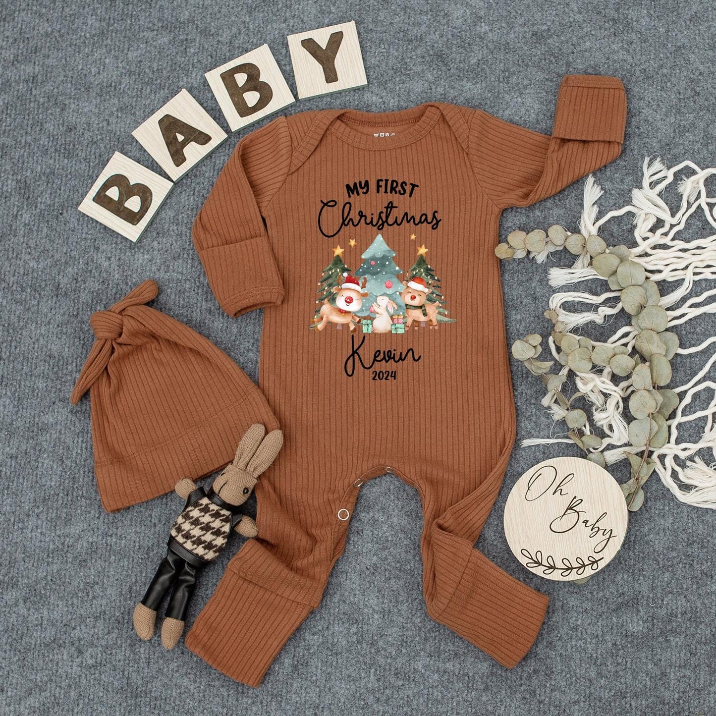 Personalized My First Christmas Bodysuit Kevin 2024, Newborn Outfit & Hat Set, Cute Reindeer Baby Jumpsuit, Holiday Baby Shower Gift, Coming Home Outfit 2024 (138 chars)
