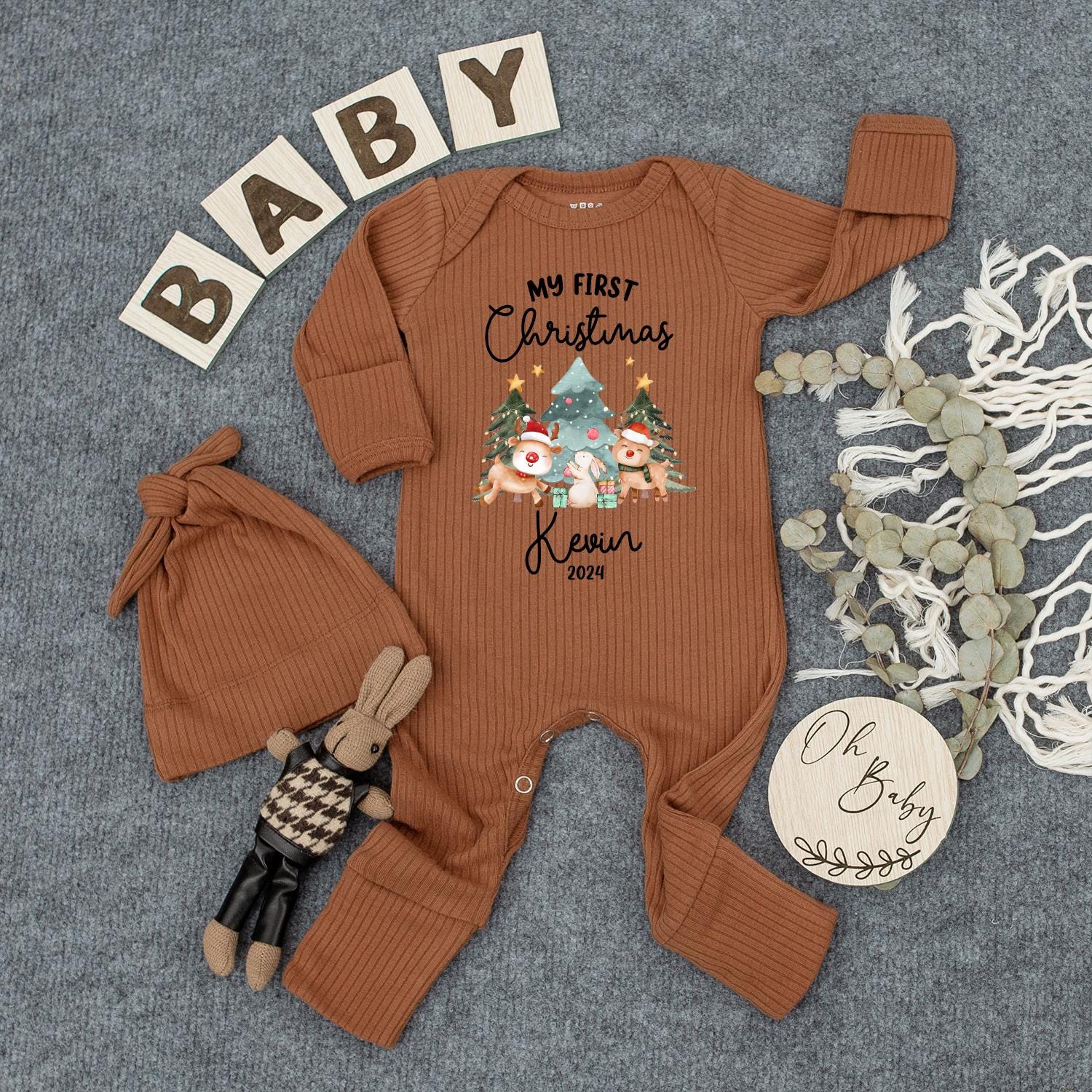 Personalized My First Christmas Bodysuit Kevin 2024, Newborn Outfit & Hat Set, Cute Reindeer Baby Jumpsuit, Holiday Baby Shower Gift, Coming Home Outfit 2024 (138 chars)
