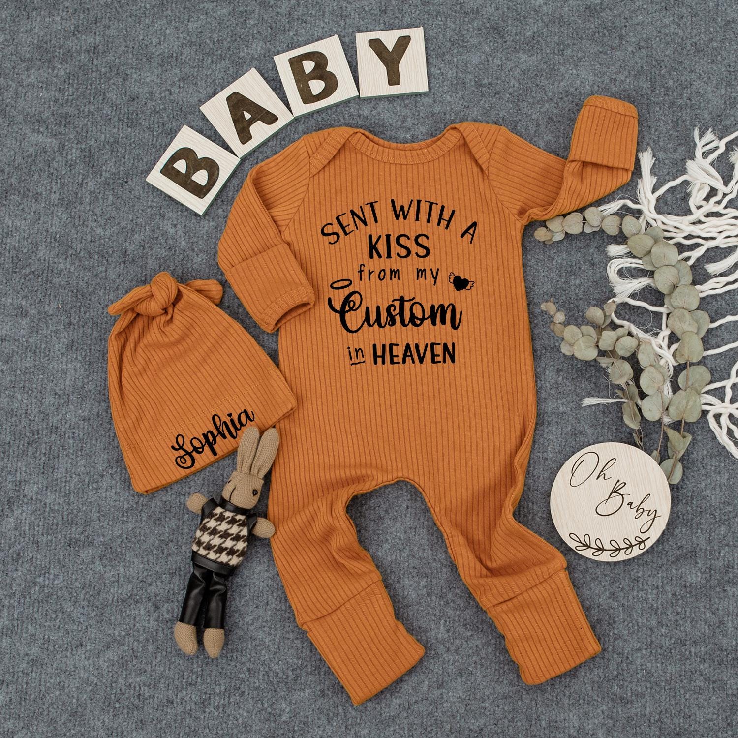 Sent With A Kiss Bodysuit & Hat Set Baby Girl or Boy Newborn Outfit Gift Angel Wings Heart Design Announcement