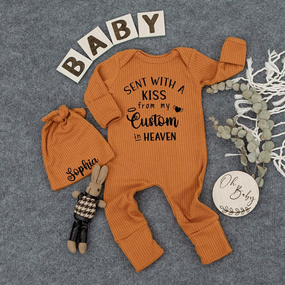 Sent With A Kiss Bodysuit & Hat Set Baby Girl or Boy Newborn Outfit Gift Angel Wings Heart Design Announcement