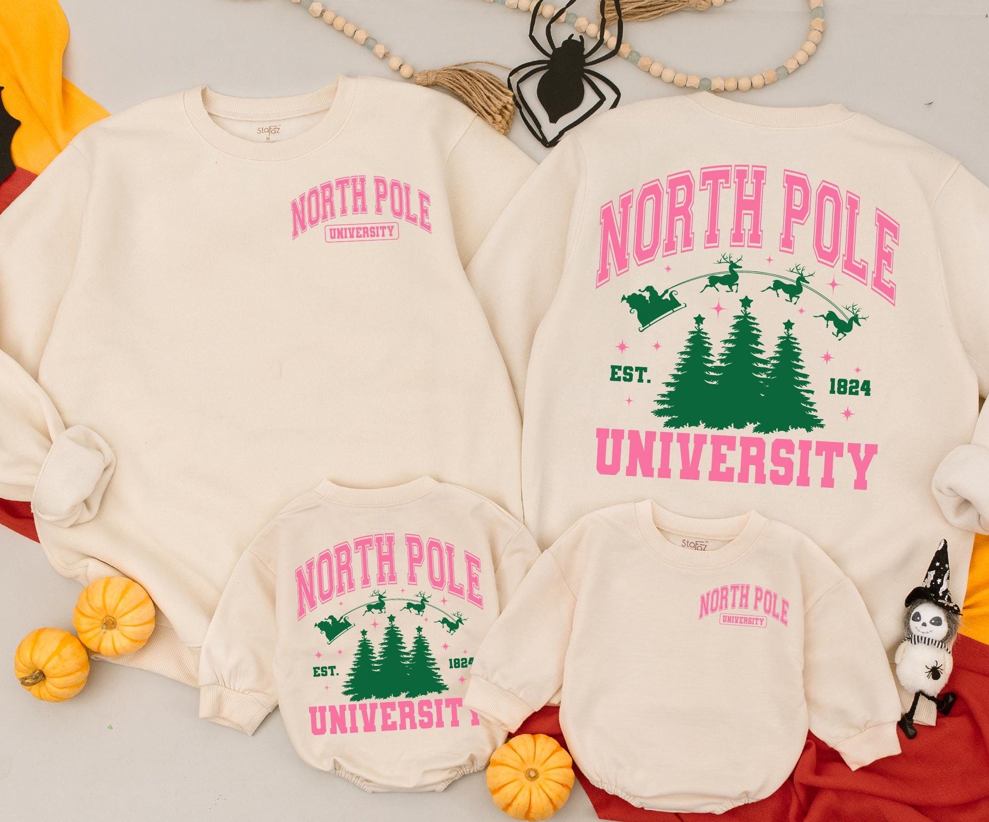 Mommy and Me North Pole University Christmas Sweatshirt Vintage Pink Green Collegiate Design Santa Sleigh Reindeer Est 1824 Baby Toddler Kids Clothing