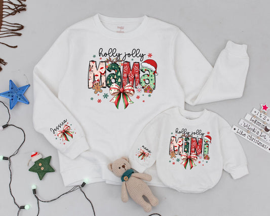 Custom Holly Jolly Mama & Mini Vintage Christmas Sweatshirts Matching Family Outfit Names on Sleeve Festive Snowflakes Bow