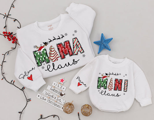 Festive Mama Claus Mini Claus Matching Christmas Sweatshirt and Romper Mom Daughter Holiday Family Outfit with Reindeer and Snowflakes