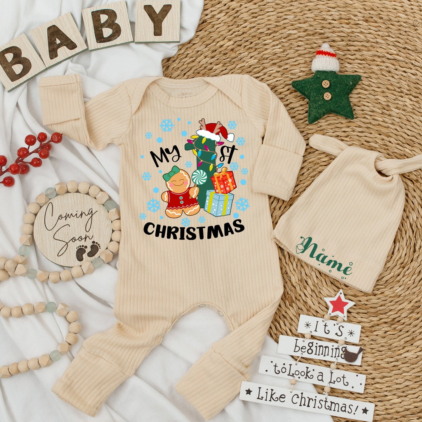 My 1st Christmas Baby Romper Outfit with Cute Gingerbread and Tree  Soft Newborn Coming Home Outfit Boy Girl Holiday Gift Shower Present 139