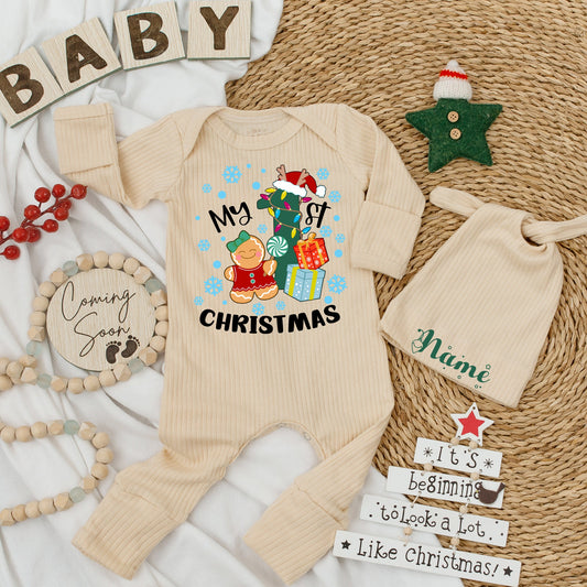 My 1st Christmas Baby Romper Outfit with Cute Gingerbread and Tree  Soft Newborn Coming Home Outfit Boy Girl Holiday Gift Shower Present 139