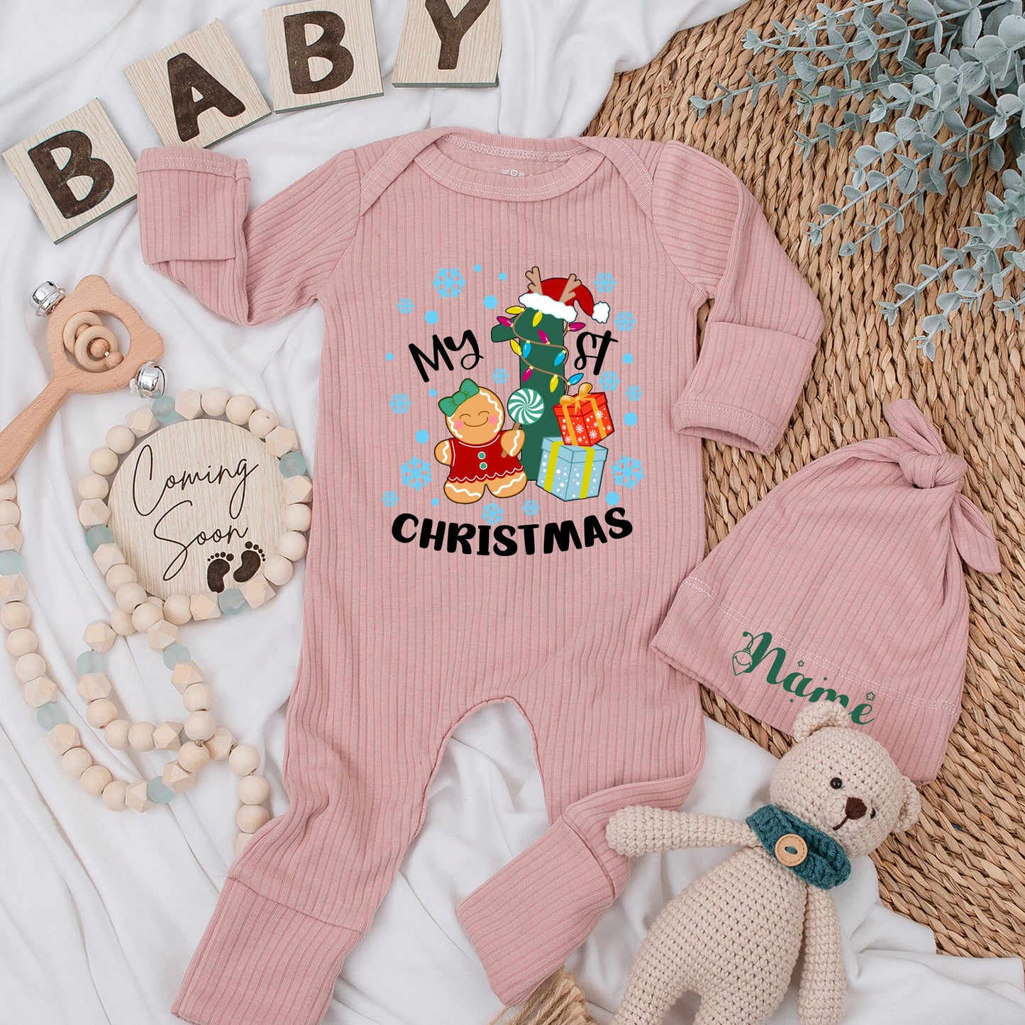 My 1st Christmas Baby Romper Outfit with Cute Gingerbread and Tree  Soft Newborn Coming Home Outfit Boy Girl Holiday Gift Shower Present 139