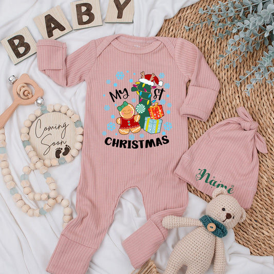 My 1st Christmas Baby Romper Outfit with Cute Gingerbread and Tree  Soft Newborn Coming Home Outfit Boy Girl Holiday Gift Shower Present 139