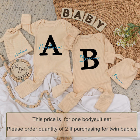 Personalized Baby Name Twin Set Bodysuit & Hat Initial Outfit Funny Best Friends Newborn Gift Romper Kid Infant Clothes Shower Pregnancy (139 chars)