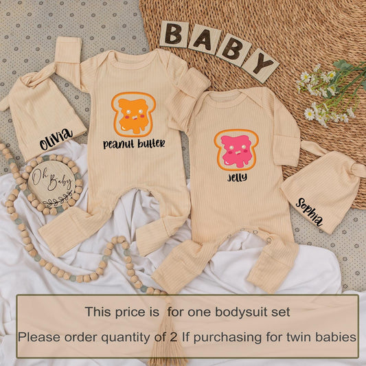 Twin Baby Bodysuit Set: Peanut Butter & Jelly Design for Twins! Cute Baby Clothes Gift Newborn Boy Girl