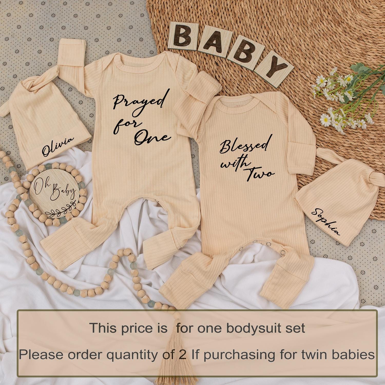 Prayed for One, Blessed with Two Twin Baby Bodysuit Set with Olivia & Sophia Hats, Newborn Gift, Modern Script, Twin Girls, Twin Boys, Pregnancy 138