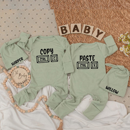 Baby Twin Outfits, Copy CTRL C Paste CTRL V Twin Baby Bodysuits & Hat Set, Newborn Twin Gift 
