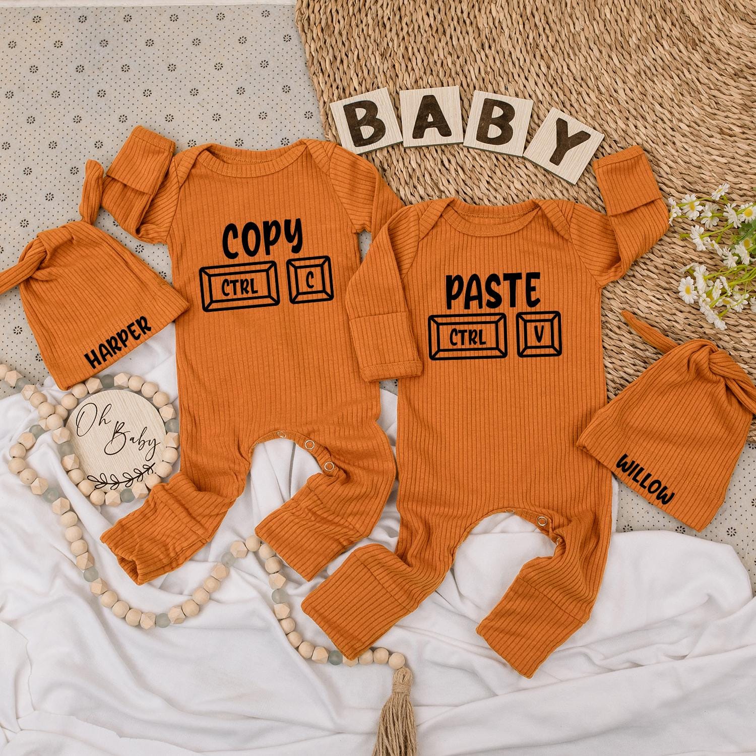 Baby Twin Outfits, Copy CTRL C Paste CTRL V Twin Baby Bodysuits & Hat Set, Newborn Twin Gift 