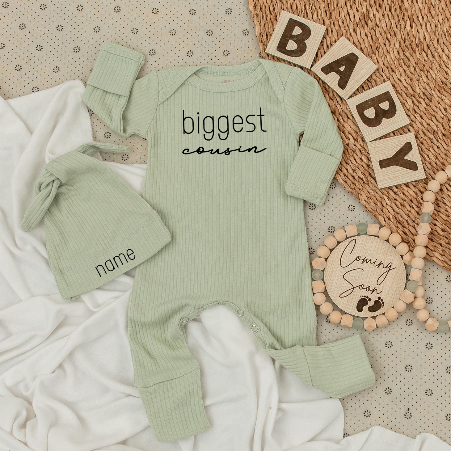 Biggest Cousin Baby Bodysuit & Hat Set, Newborn Coming Home Outfit, Personalized Name, Modern Minimalist Baby Boy Clothes Gift, Big Bro Style (138 chars)