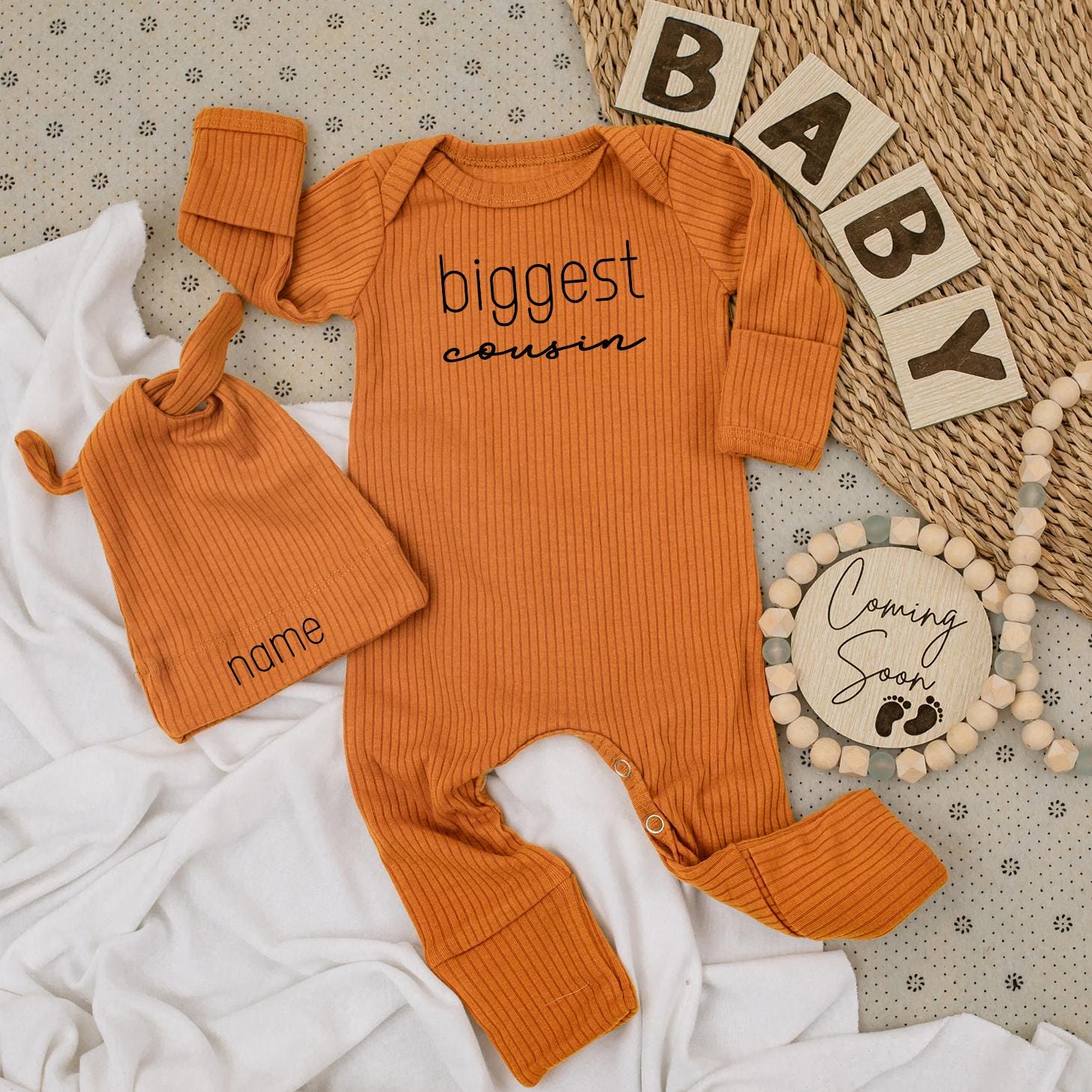 Biggest Cousin Baby Bodysuit & Hat Set, Newborn Coming Home Outfit, Personalized Name, Modern Minimalist Baby Boy Clothes Gift, Big Bro Style (138 chars)