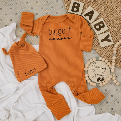 Biggest Cousin Baby Bodysuit & Hat Set, Newborn Coming Home Outfit, Personalized Name, Modern Minimalist Baby Boy Clothes Gift, Big Bro Style (138 chars)