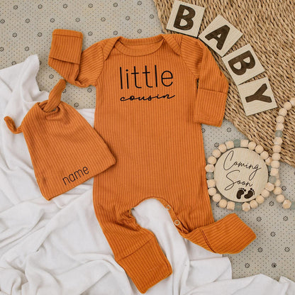 Little Cousin Bodysuit & Hat Set Newborn Baby Boy Outfit Announcement Gift, Minimalist Design, Custom Name Option