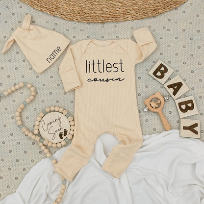Littlest Cousin Bodysuit and Hat Set Sweet Dark Brown Lettering Baby Boy Outfit Natural Coming Soon Newborn Gift