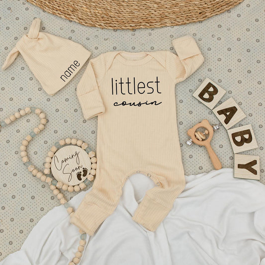 Littlest Cousin Bodysuit and Hat Set Sweet Dark Brown Lettering Baby Boy Outfit Natural Coming Soon Newborn Gift