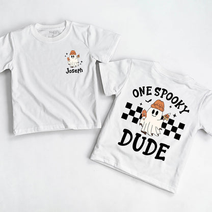 One Spooky Dude First Halloween T-Shirt Baby Boy Ghost with Jack-O-Lantern Orange Beanie Cute Boo Outfit Newborn Fall Gift Checkered Flag Stars 138