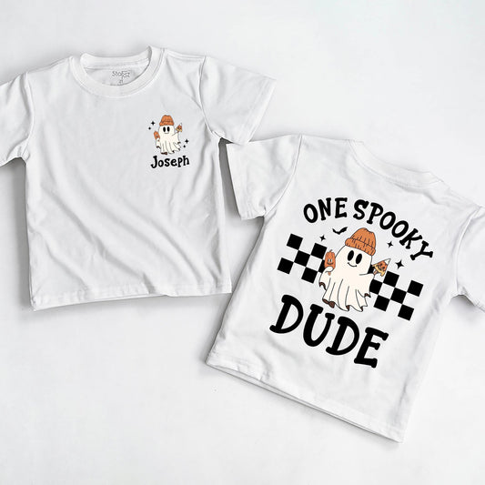 One Spooky Dude First Halloween T-Shirt Baby Boy Ghost with Jack-O-Lantern Orange Beanie Cute Boo Outfit Newborn Fall Gift Checkered Flag Stars 138