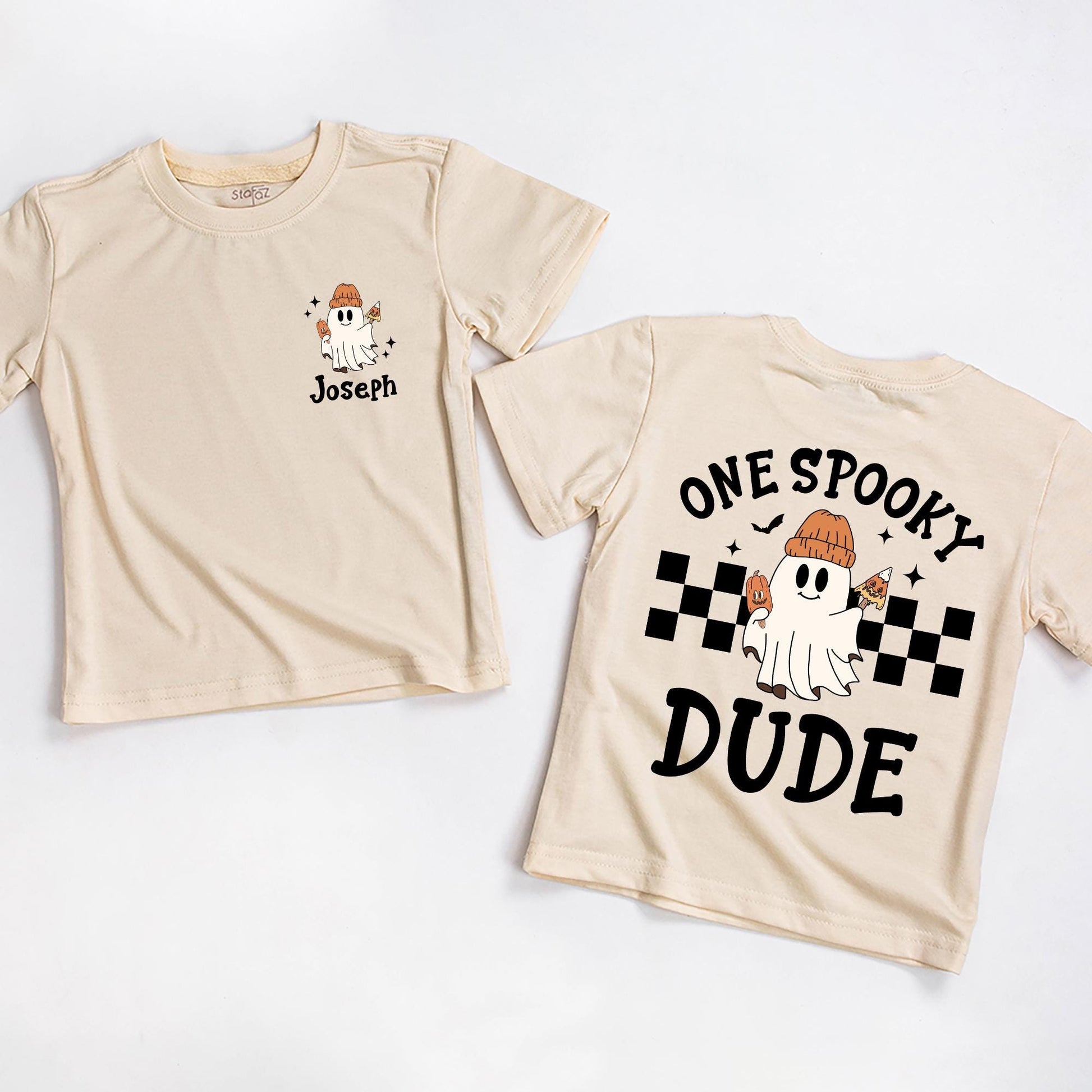 One Spooky Dude First Halloween T-Shirt Baby Boy Ghost with Jack-O-Lantern Orange Beanie Cute Boo Outfit Newborn Fall Gift Checkered Flag Stars 138