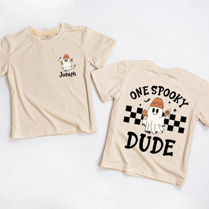 One Spooky Dude First Halloween T-Shirt Baby Boy Ghost with Jack-O-Lantern Orange Beanie Cute Boo Outfit Newborn Fall Gift Checkered Flag Stars 138