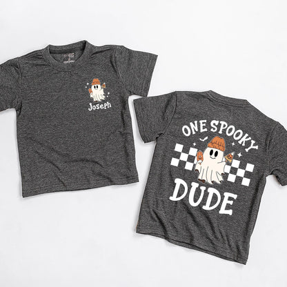 One Spooky Dude First Halloween T-Shirt Baby Boy Ghost with Jack-O-Lantern Orange Beanie Cute Boo Outfit Newborn Fall Gift Checkered Flag Stars 138
