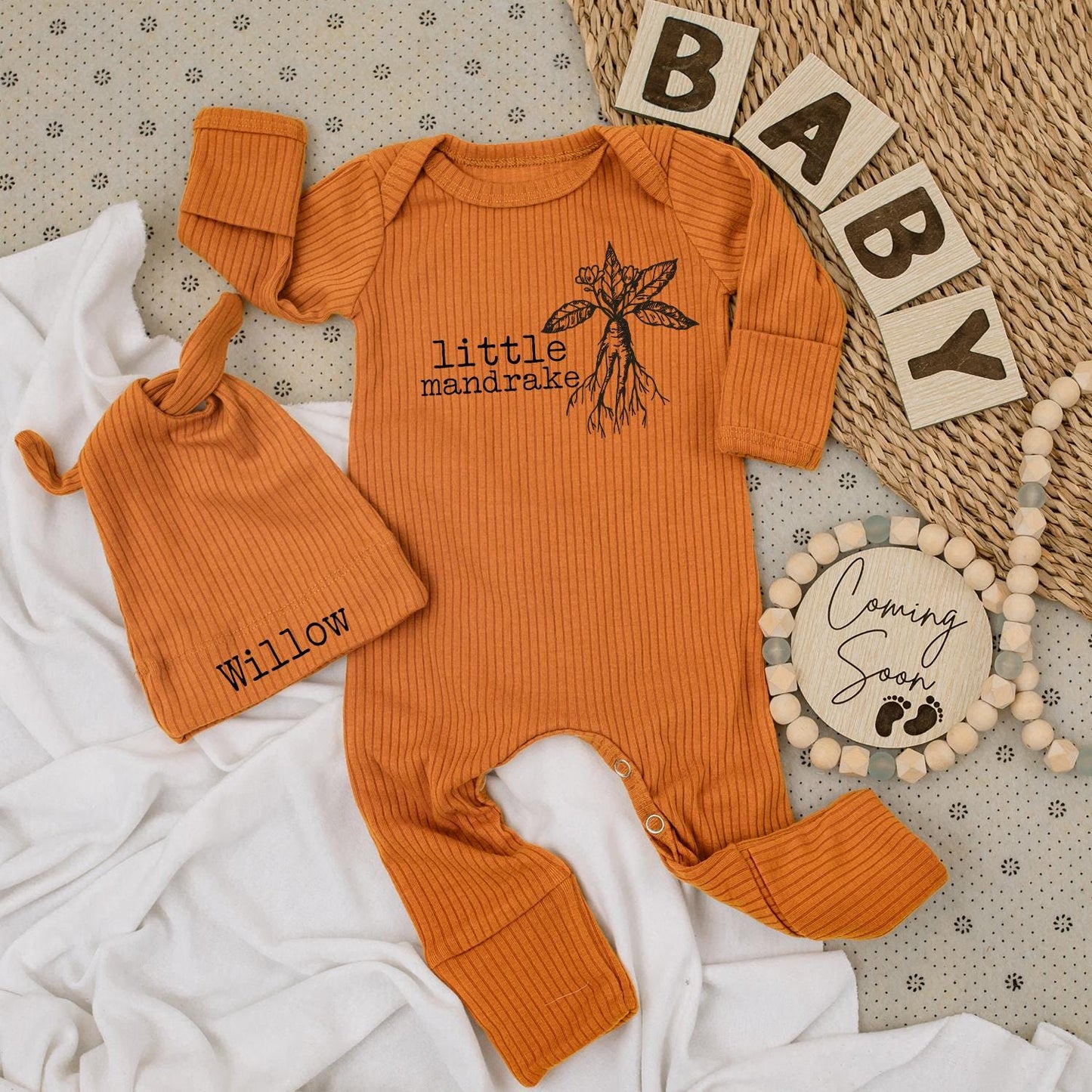 Little Mandrake Baby Bodysuit & Hat Set, Whimsical Botanical Art, Unisex Baby Gift, New Baby Announcement, Magical Clothes, Going Home Outfit