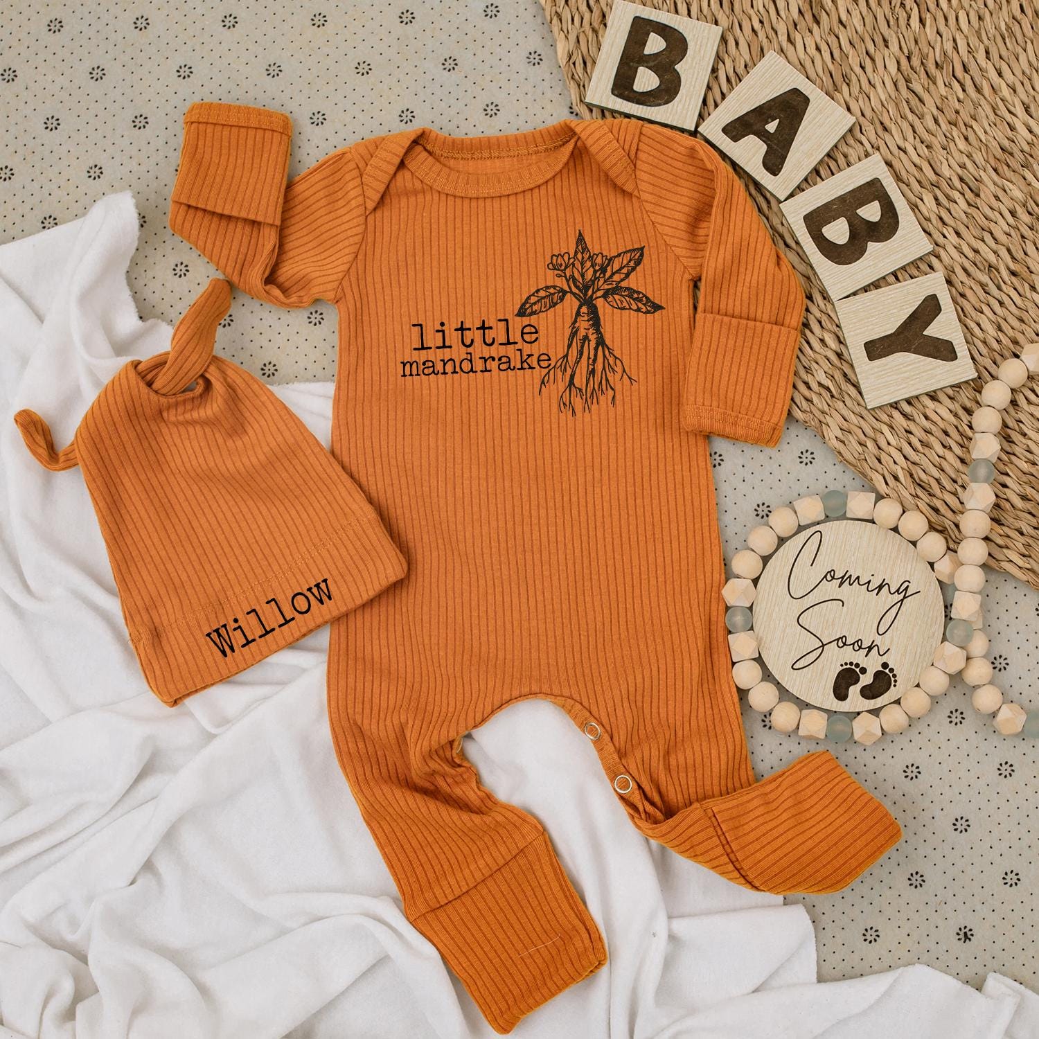 Little Mandrake Baby Bodysuit & Hat Set, Whimsical Botanical Art, Unisex Baby Gift, New Baby Announcement, Magical Clothes, Going Home Outfit