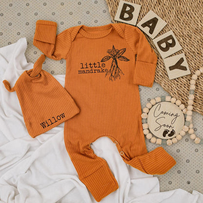 Little Mandrake Baby Bodysuit & Hat Set, Whimsical Botanical Art, Unisex Baby Gift, New Baby Announcement, Magical Clothes, Going Home Outfit