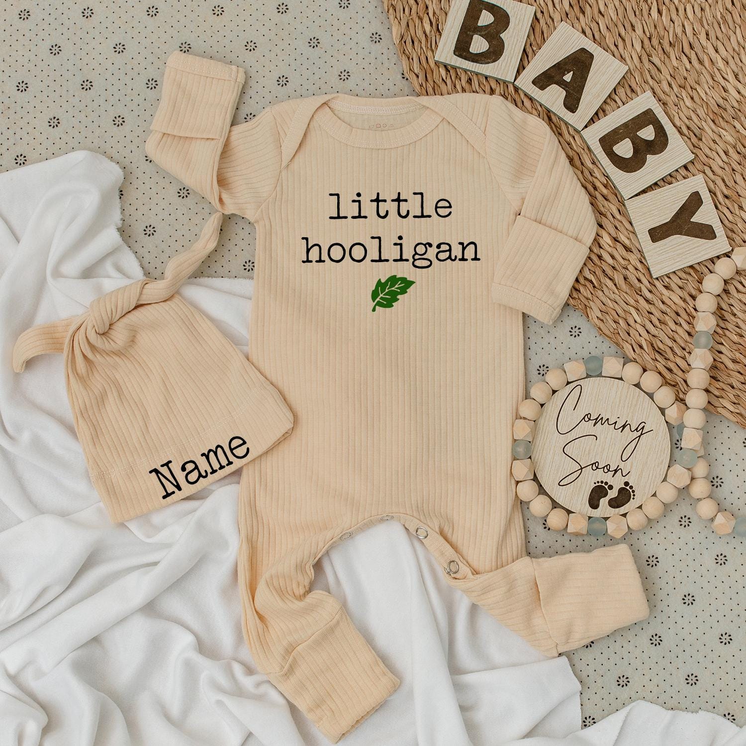 Little Hooligan Baby Bodysuit and Hat Set Green Leaf Minimalist Modern Newborn Outfit Unisex Baby Gift Going Home Outfit