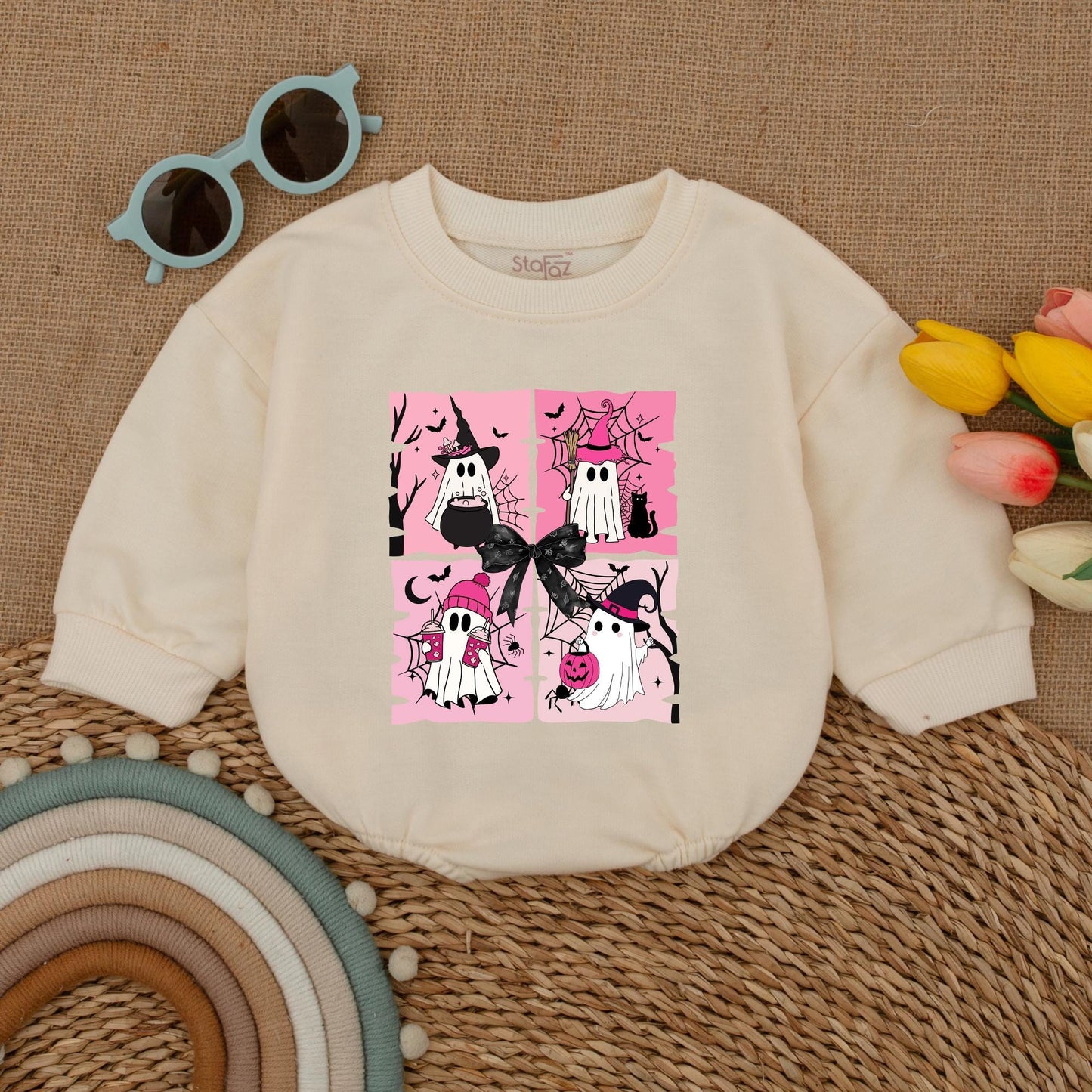 Pink Halloween Ghost Baby Romper - Cute Newborn Fall Outfit