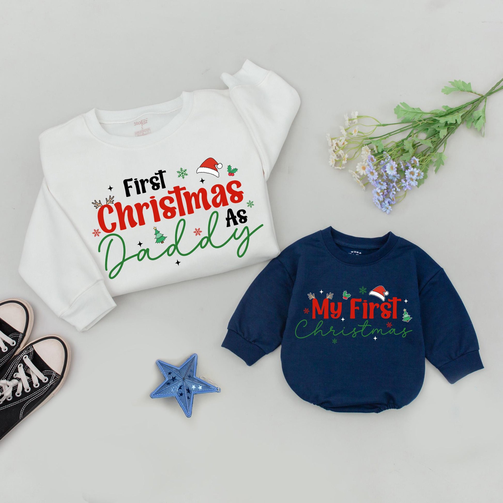 First Christmas As Mama Sweatshirt Red Christmas Green Script Family Holiday Snowflakes Stars Tree Santa Hat