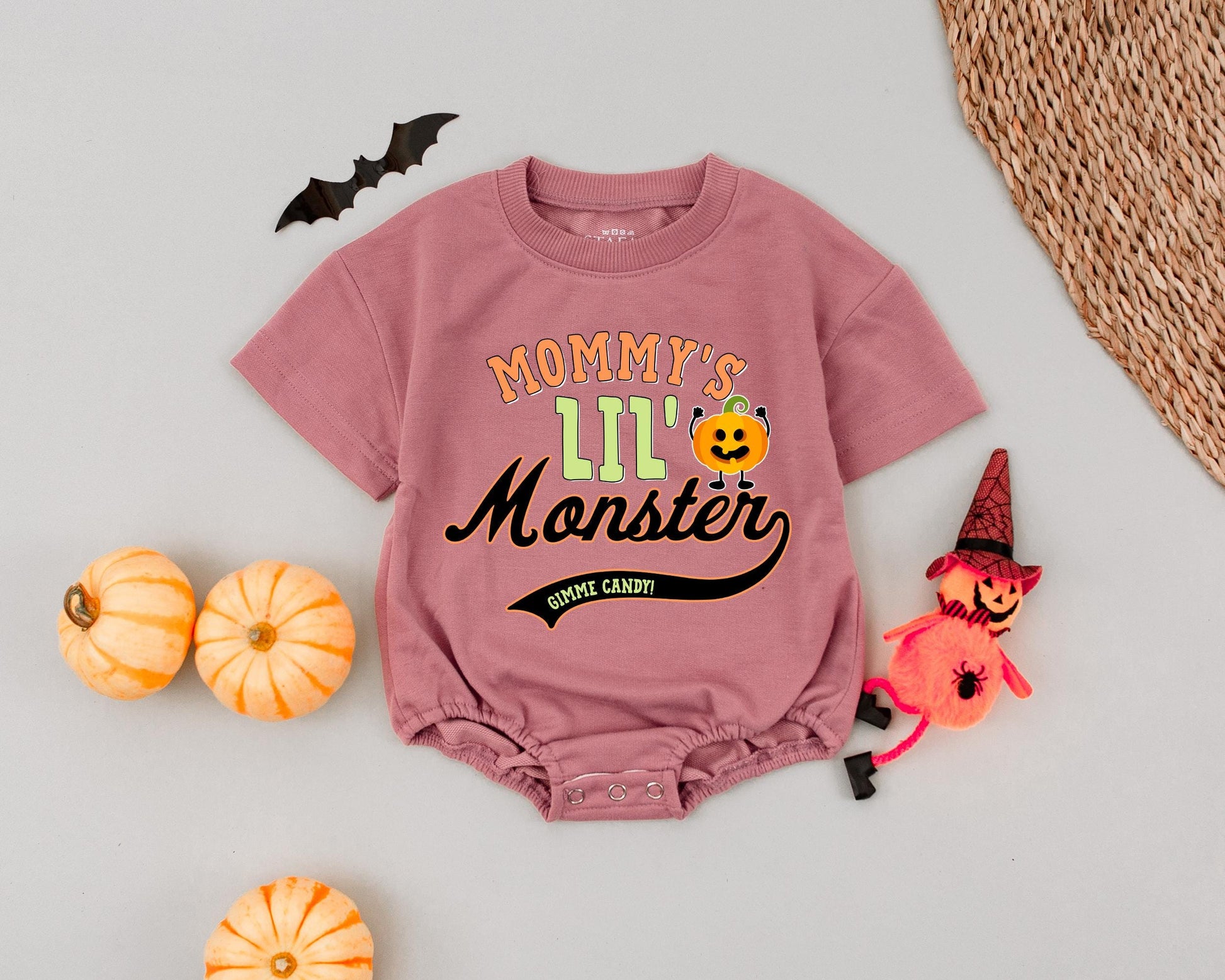 Mommy's Lil' Monster Romper Halloween Costume, Retro Fall Baby Clothes, Pumpkin Outfit, Lime Green Orange Black, Gimme Candy Banner, Infant Bodysuit 136