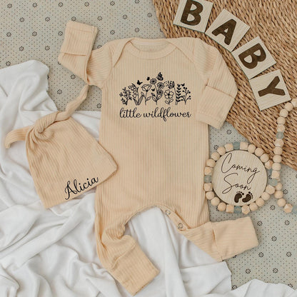 Little Wildflower Baby Bodysuit Hat Set Alicia Personalized Outfit Newborn Girl Going Home Gift Infant Clothes Long Sleeve Minimalist Floral Shower Gift 139 Chars