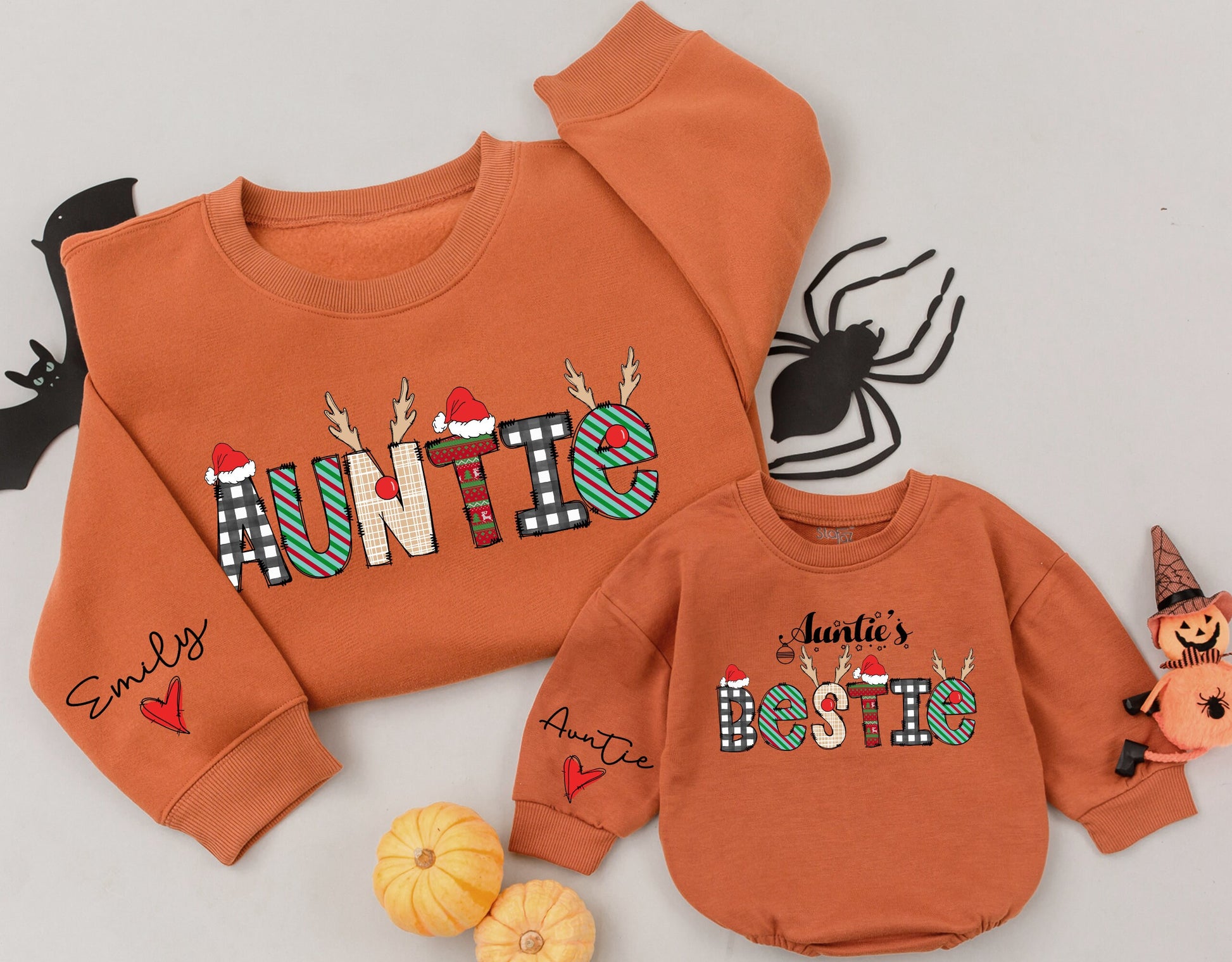 Personalized Matching Auntie and Bestie Christmas Holiday Sweatshirt with Festive Plaid Stripes Antlers Santa Hat Ornaments and Sleeve Hearts