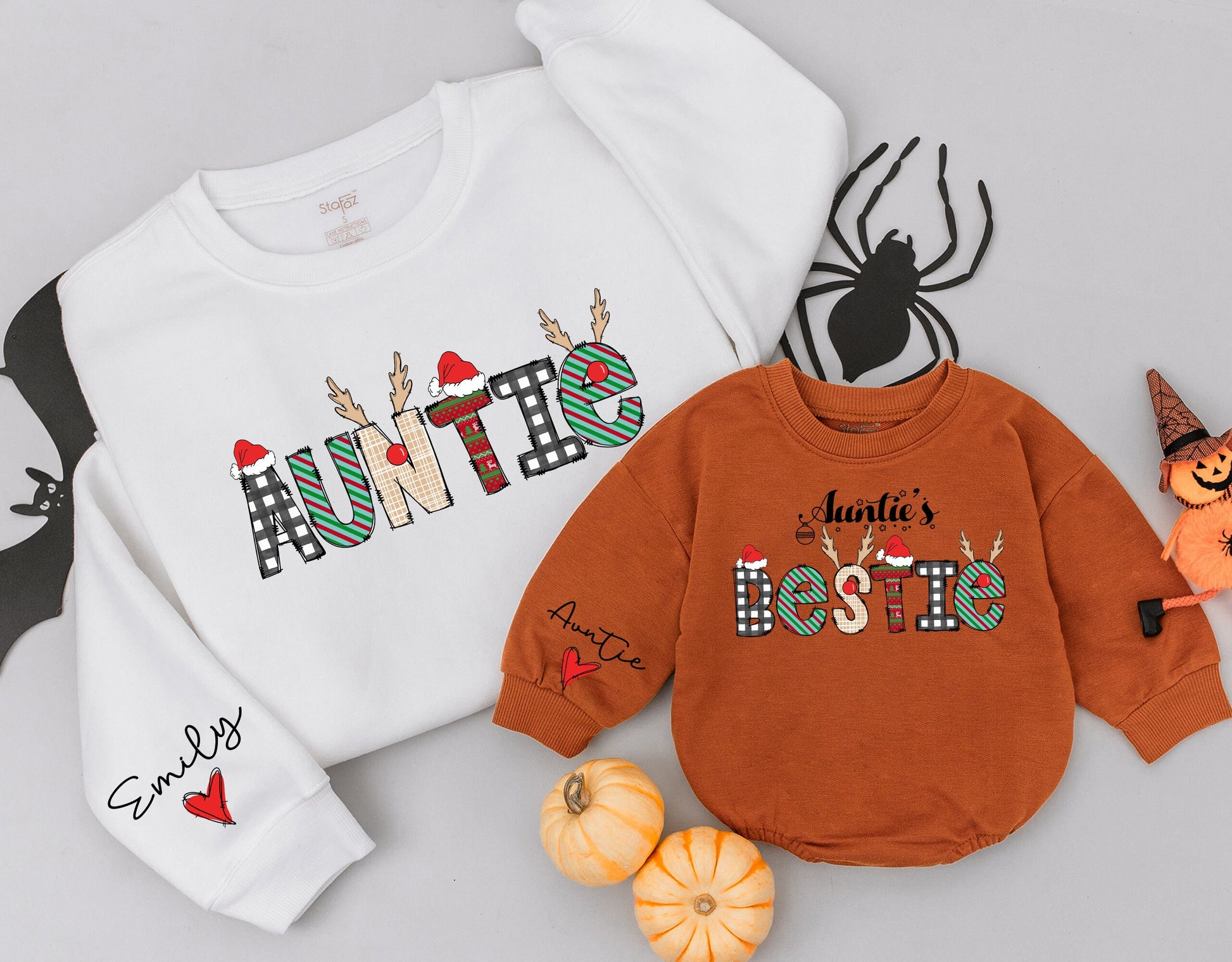 Personalized Matching Auntie and Bestie Christmas Holiday Sweatshirt with Festive Plaid Stripes Antlers Santa Hat Ornaments and Sleeve Hearts