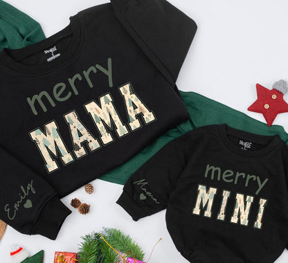 Merry Mama & Mini Matching Christmas Sweatshirt Set, Personalized Name Sleeve, Festive Green Holiday Outfit, Baby Girl Romper Gift, Playful Winter Style (138)