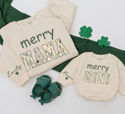 Merry Mama & Mini Matching Christmas Sweatshirt Set, Personalized Name Sleeve, Festive Green Holiday Outfit, Baby Girl Romper Gift, Playful Winter Style (138)