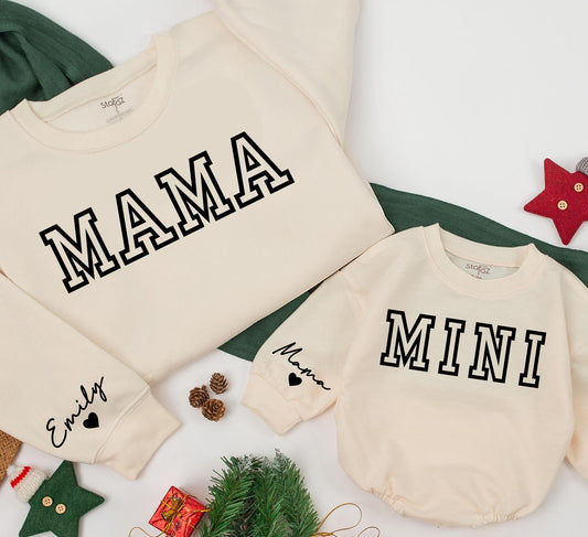 Personalized Mama and Mini Matching Sweatshirts Cute Baby Girl Outfit Christmas Family Gift with Custom Name Sleeve
