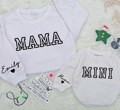 Personalized Mama and Mini Matching Sweatshirts Cute Baby Girl Outfit Christmas Family Gift with Custom Name Sleeve
