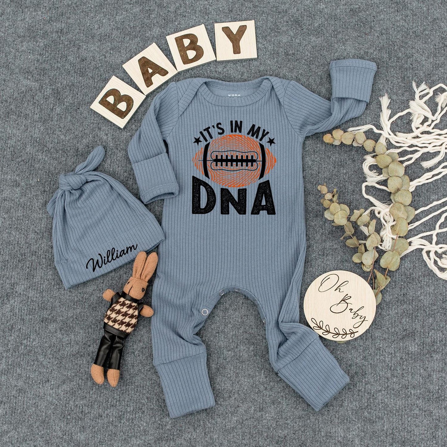 Custom Football "IT'S IN MY DNA" Baby Bodysuit Orange White Starbursts for Game Day, Baby Shower Gift, Pregnancy Announcement, Newborn Outfit