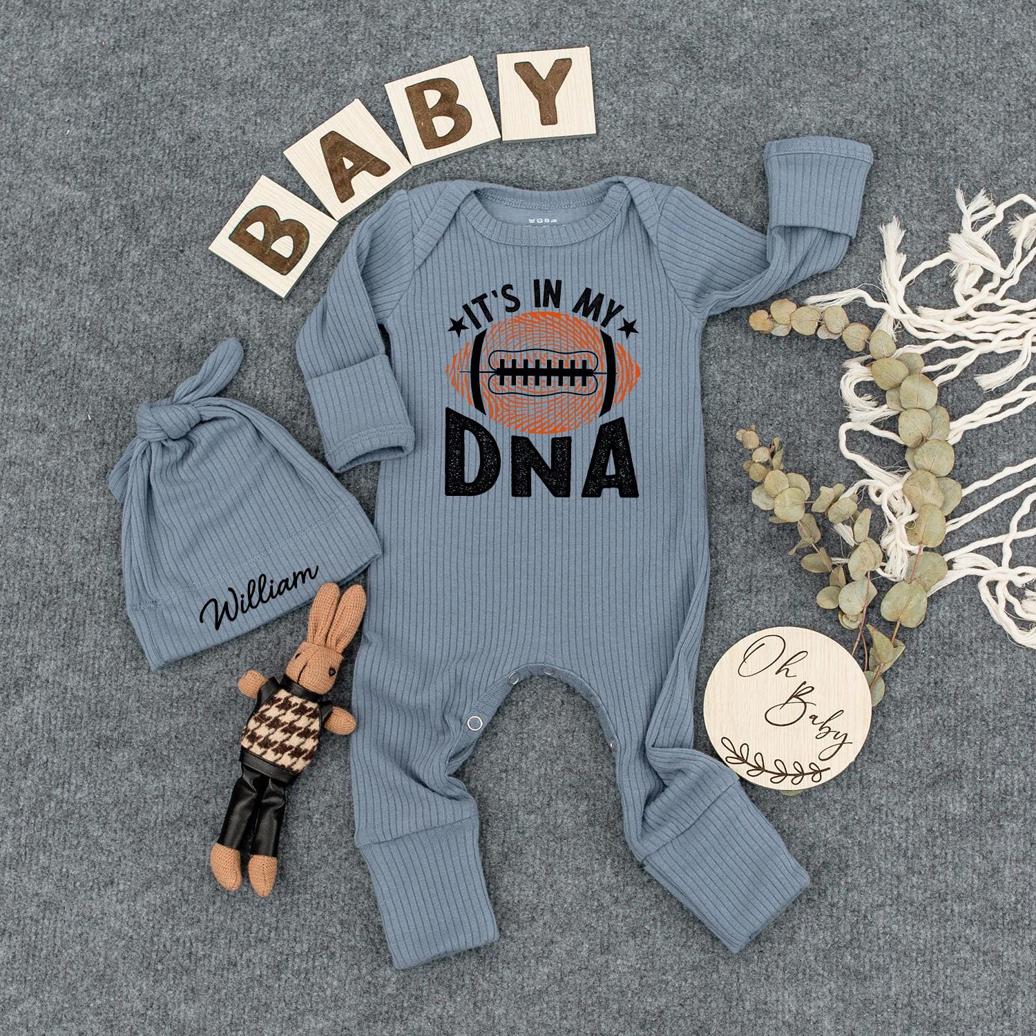 Custom Football "IT'S IN MY DNA" Baby Bodysuit Orange White Starbursts for Game Day, Baby Shower Gift, Pregnancy Announcement, Newborn Outfit